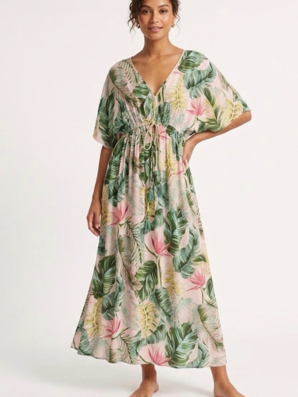 Cost Plus World Market Pink Tropical Leaf & Floral Maxi Dress L/XL
